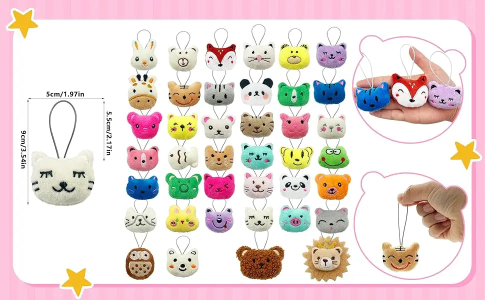 Assorted mini animal plush toys with keychain loops displayed in a grid format.