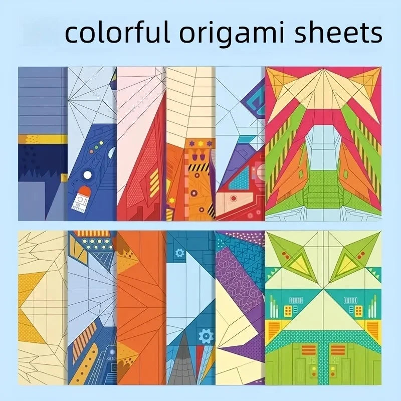 A collection of colorful origami sheets and paper airplane designs for crafting.