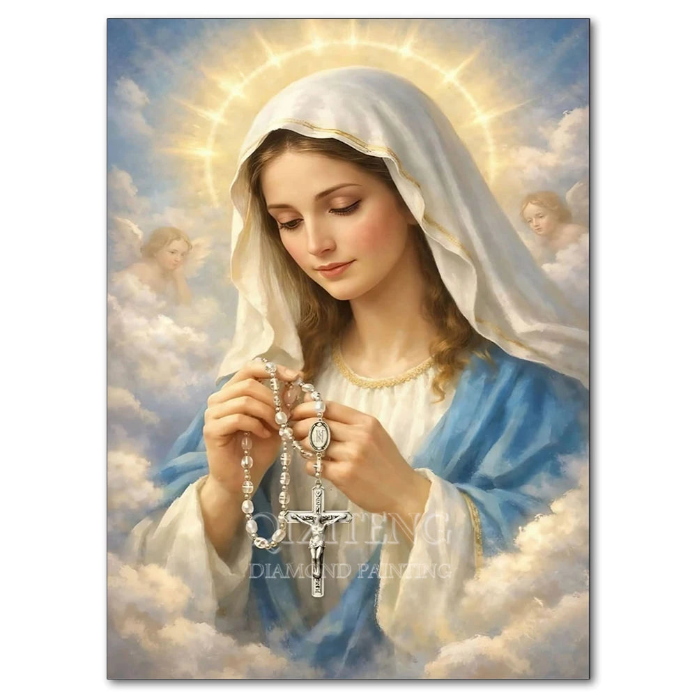 Diamond painting of the Virgin Mary with a halo and Jesus, depicted in soft light and clouds.