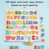 A wooden alphabet puzzle set featuring 26 upper and lower case letters for word spelling practice.