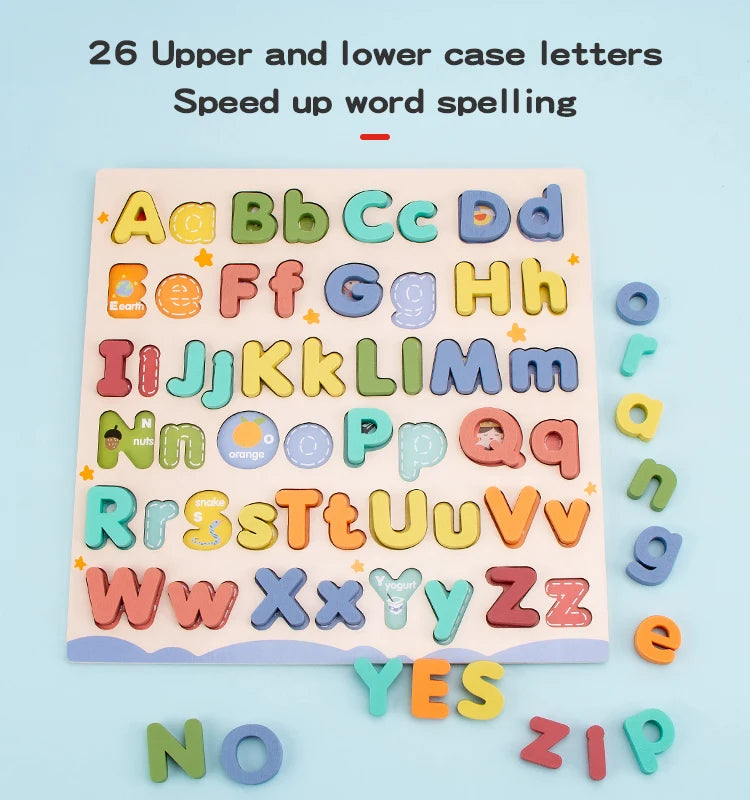 A wooden alphabet puzzle set featuring 26 upper and lower case letters for word spelling practice.