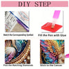 DIY step guide showing how to match symbols, fill a pen with glue, and stick diamonds onto canvas for a sea turtle painting k