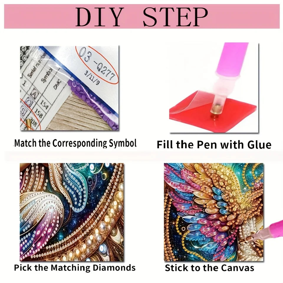 DIY step guide showing how to match symbols, fill a pen with glue, and stick diamonds onto canvas for a sea turtle painting k