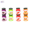 A set of five miniature ceramic jam jars in various fruit flavors including plum, fig, strawberry, and apricot.