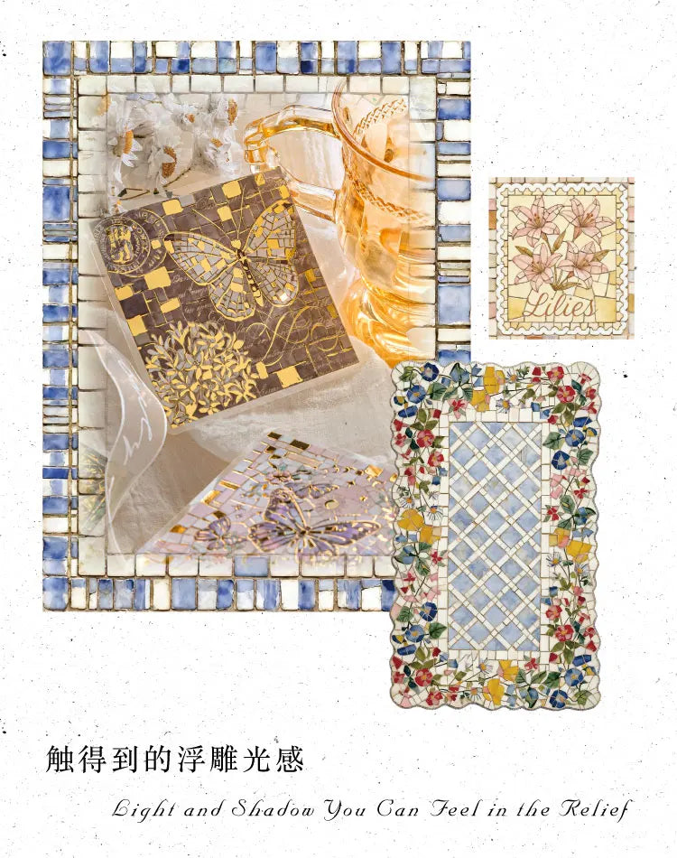 A decorative PET sticker set featuring butterfly and floral elements in gold, yellow, and blue tones.