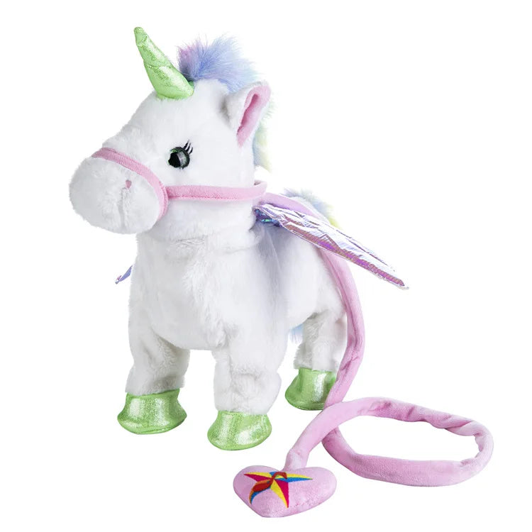 A white unicorn plush toy with purple and pink accents and a green mane.