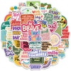 A collection of colorful positive affirmation English stickers for laptops, notebooks, and phone cases.