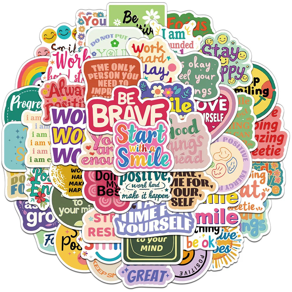 A collection of colorful positive affirmation English stickers for laptops, notebooks, and phone cases.