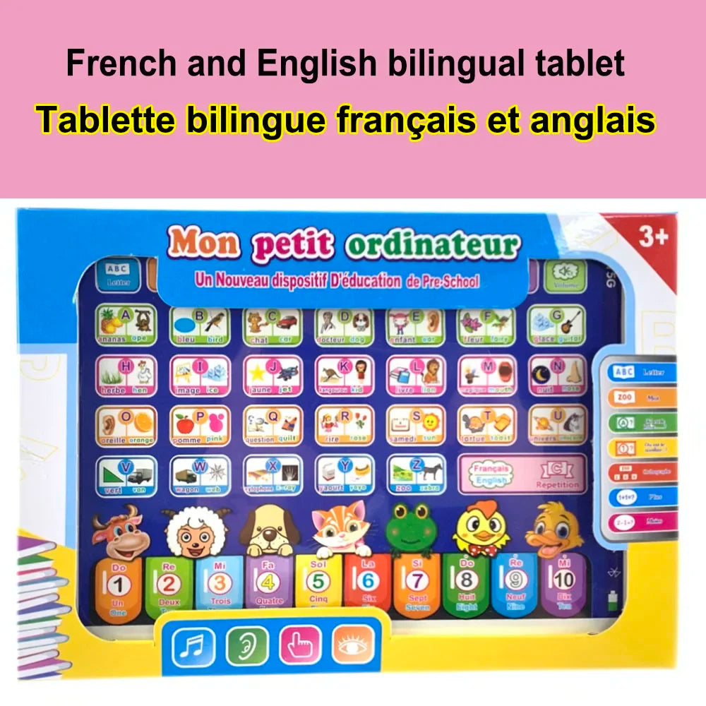 A blue and yellow bilingual tablet for children with colorful educational icons and buttons.