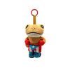 A cute plush frog doll with a yellow body and red accents, hanging from a loop.