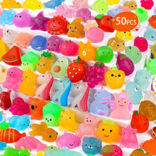 A colorful assortment of glitter mochi squishy toys in various shapes and colors for stress relief or party favors