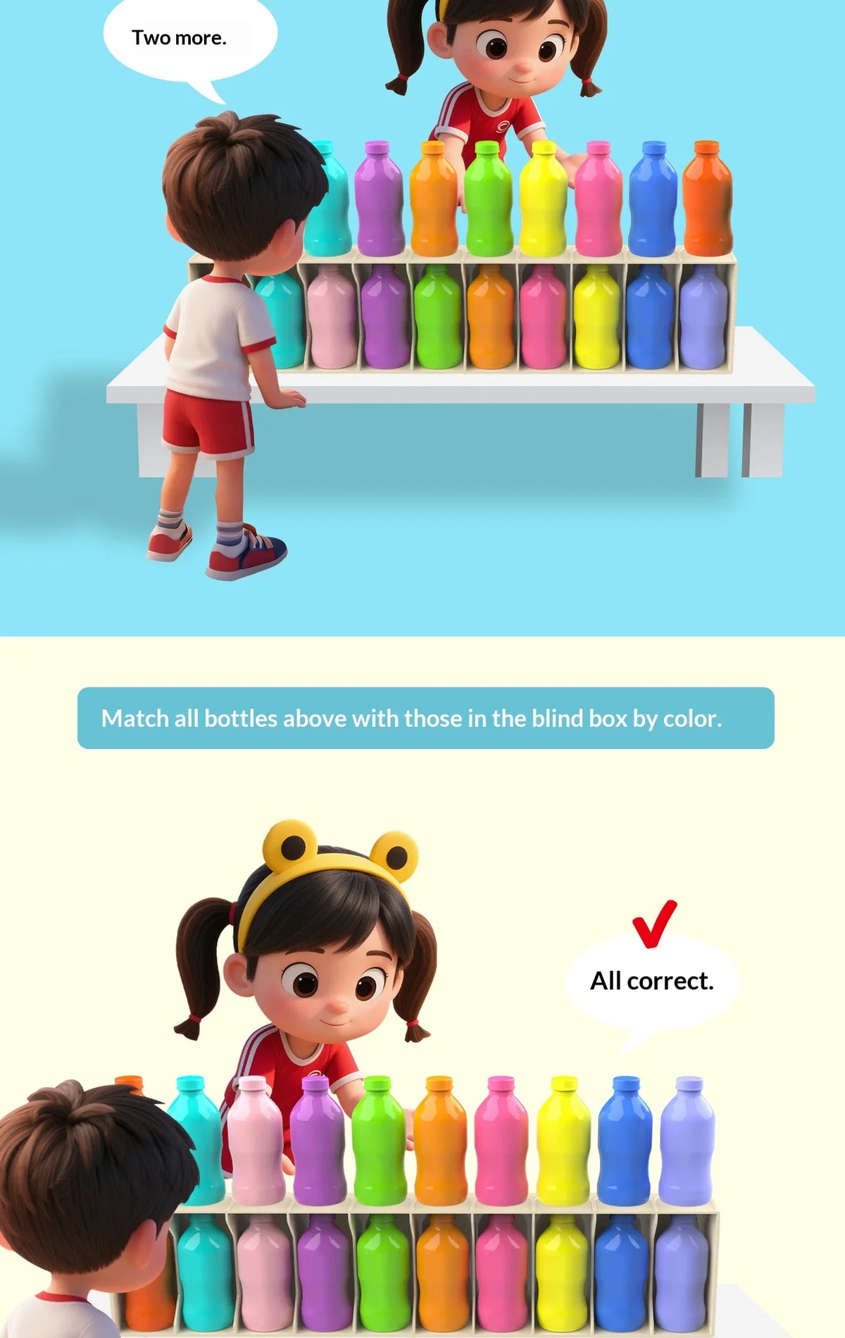 A children's game showing colored bottles to match with those in a blind box by color.