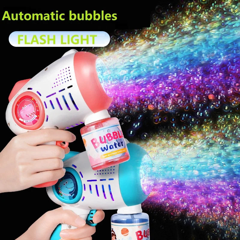 A hand holds a white and pink automatic bubble machine with a flash light emitting colorful bubbles against a dark background
