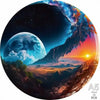 A vibrant cosmic scene featuring a large moon, jagged mountains, and a sunset glow.