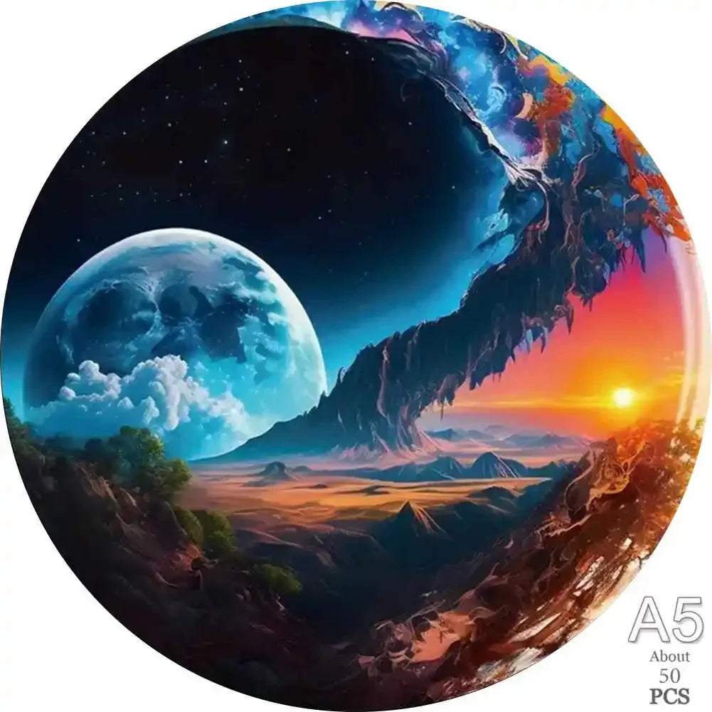 A vibrant cosmic scene featuring a large moon, jagged mountains, and a sunset glow.