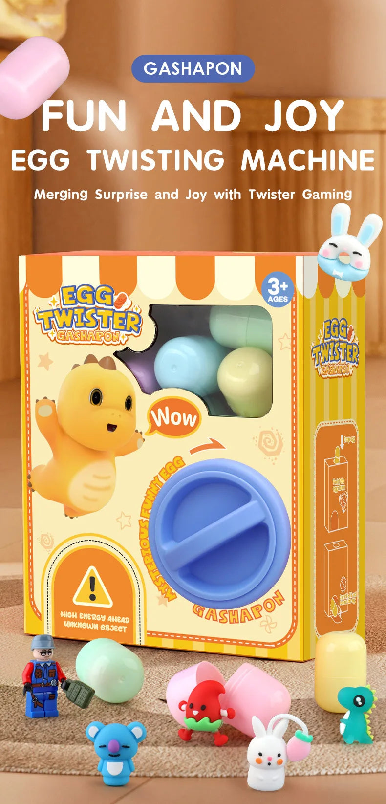 A box of Gashapon Fun and Joy Egg Twisting Machine toy featuring a yellow egg character and various plastic eggs.