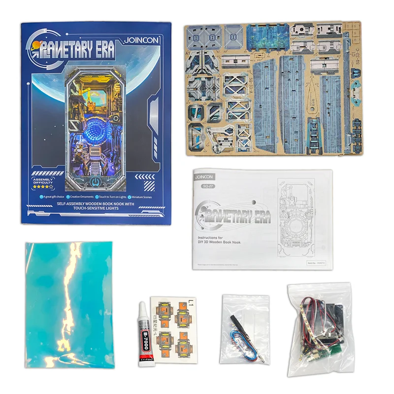 A DIY book nook model kit featuring miniature wooden elements and LED lights for home decor.