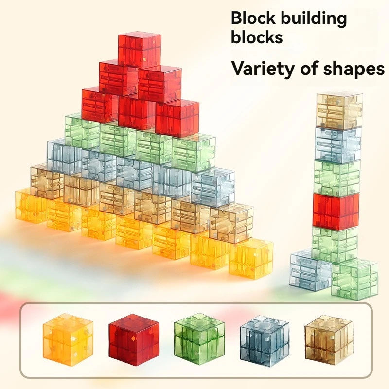 A tower of various colored and shaped building blocks, including red, green, blue, and yellow, demonstrating a variety of sha