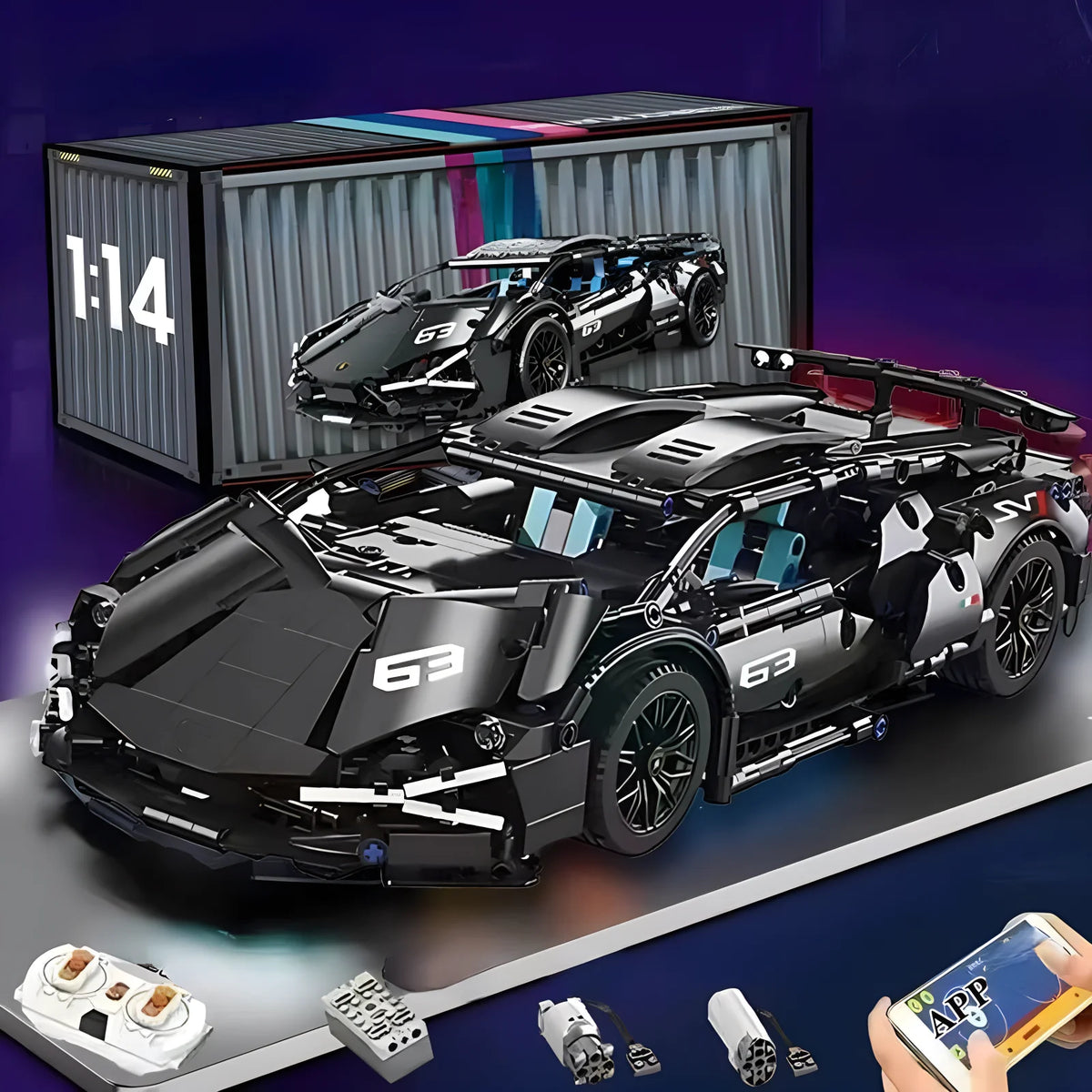 A black 1:14 scale RC sports car building kit is displayed next to its components and a remote control device.