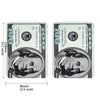 A pair of small, silver-toned dollar sign pattern mylar bags featuring a portrait on the front.