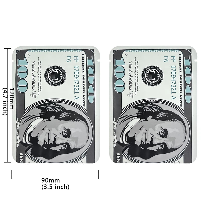 A pair of small, silver-toned dollar sign pattern mylar bags featuring a portrait on the front.