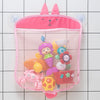 Pink mesh storage bag with duck ears and frog features, featuring suction cups for bathroom toys.