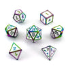 A set of premium metal polyhedral dice with a multicolor gold finish, including a d6, d10, d20, and d12.