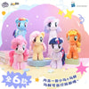 A collection of six My Little Pony plush toys displayed against a pink and purple background.