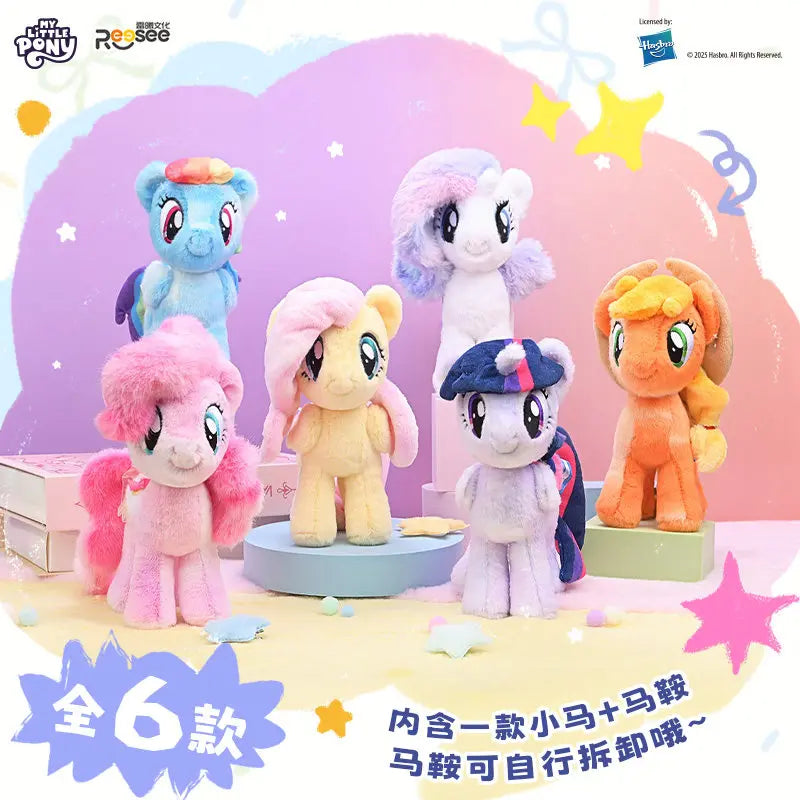 A collection of six My Little Pony plush toys displayed against a pink and purple background.