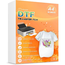 Box of Premium DTF transfer film sheets, 20 sheets, for printing custom apparel.