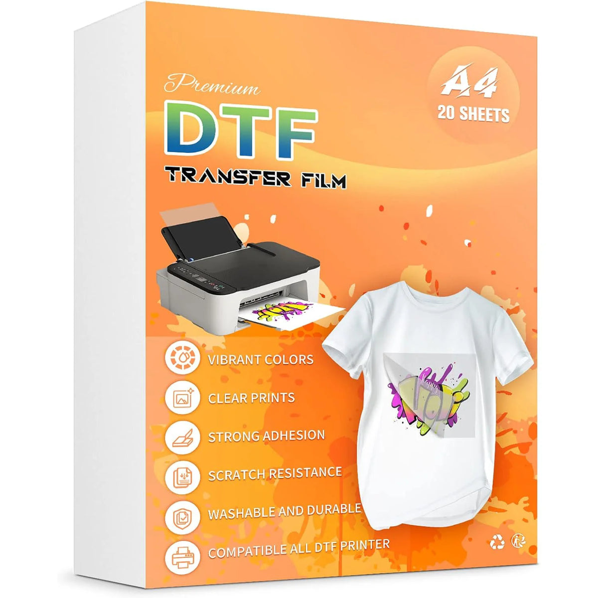 Box of Premium DTF transfer film sheets, 20 sheets, for printing custom apparel.