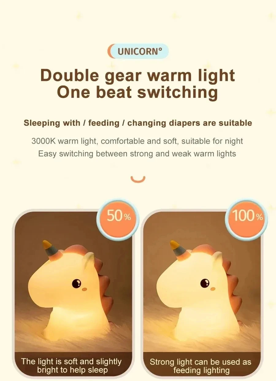 A cute unicorn silicone LED night light showing soft and strong warm light options for sleeping and feeding