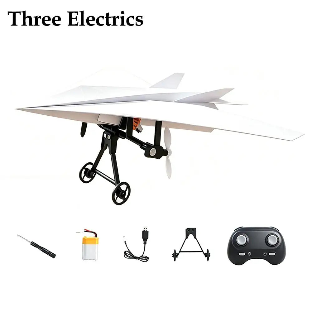 Weißer elektrischer Papierflieger-Kit mit Rahmen und Batterien.