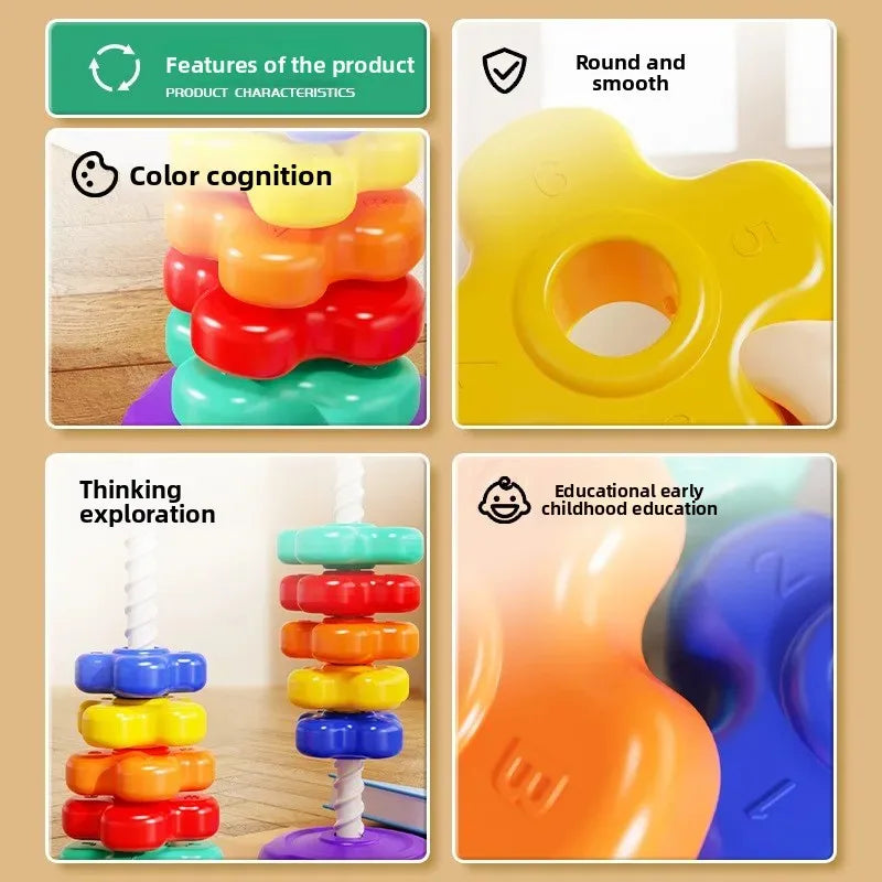 A set of colorful rainbow stacking toys demonstrating color cognition, round and smooth features, thinking exploration, and e