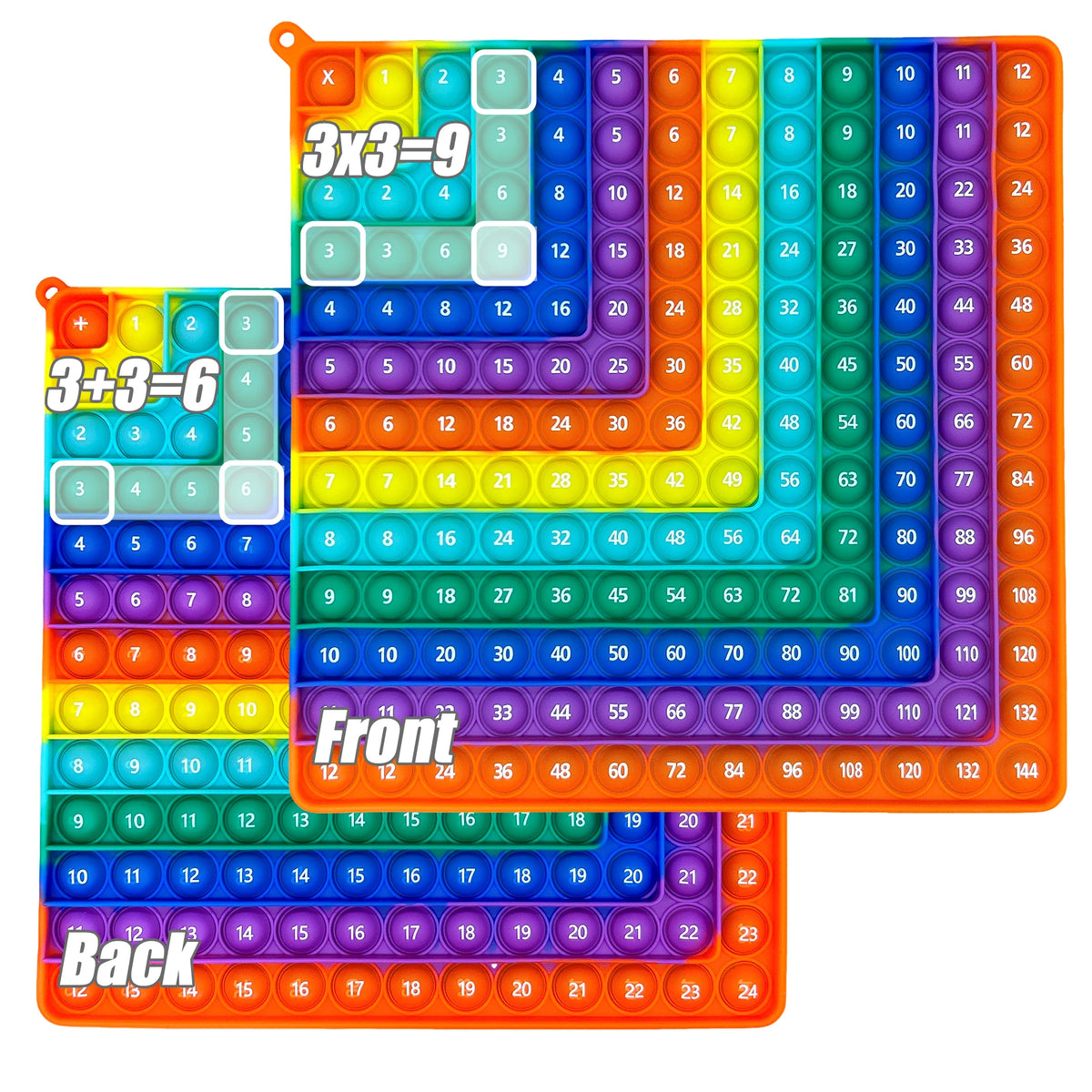 A set of colorful wooden tiles used for multiplication and addition games featuring numbers 1 through 12.