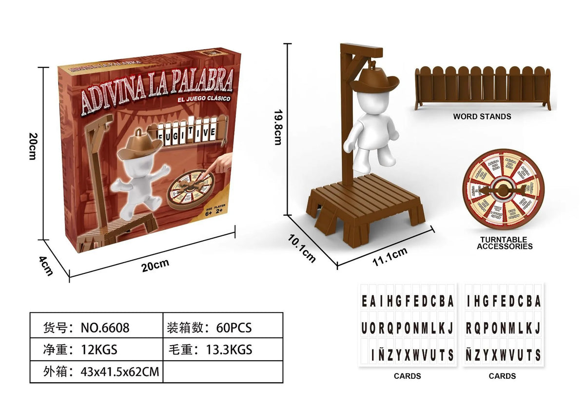 A box and components for a magnetic hangman board game including cards and wooden pieces.