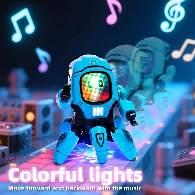 A blue robot toy with colorful lights is shown on a circuit board, moving forward and backward with music.