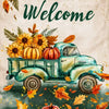 A vintage teal pickup truck is featured in an autumn scene with sunflowers, pumpkins, and falling leaves.