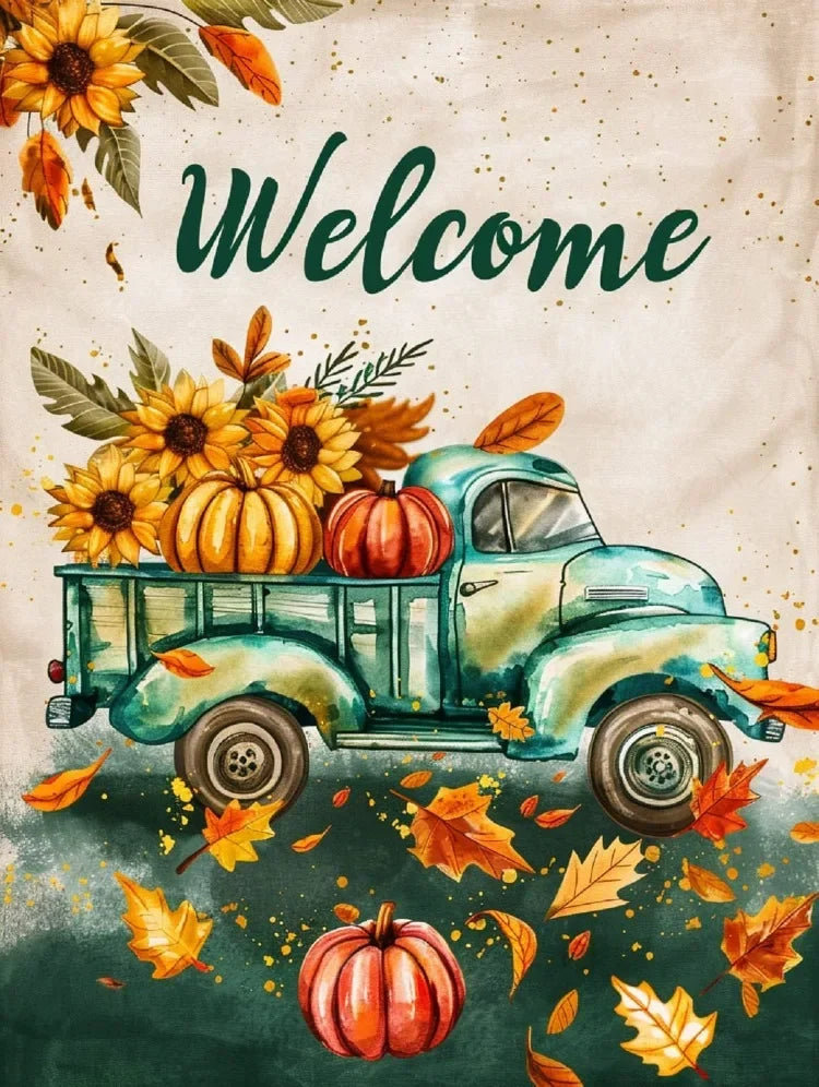 A vintage teal pickup truck is featured in an autumn scene with sunflowers, pumpkins, and falling leaves.