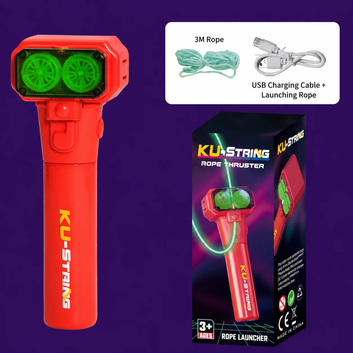 Red KU-STRING rope thruster with green glow-in-the-dark lights and accompanying launching rope.