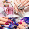 Close-up of hands displaying various nail art designs and a brush with crystal crushed glass mix for resin and jewelry making