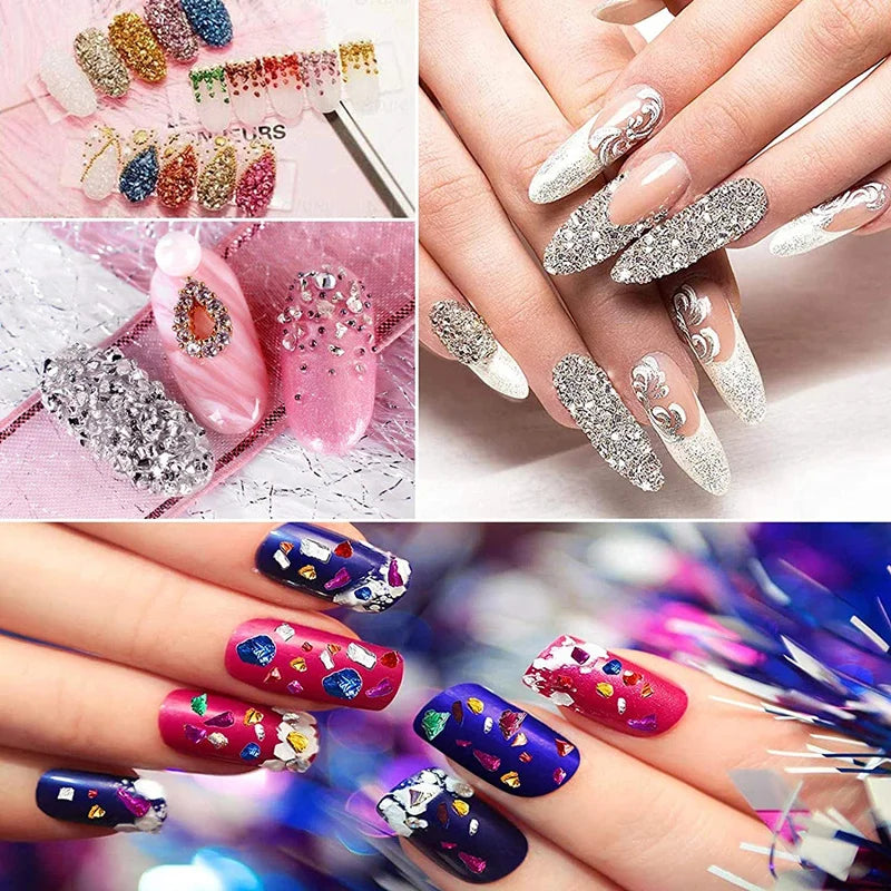 Close-up of hands displaying various nail art designs and a brush with crystal crushed glass mix for resin and jewelry making