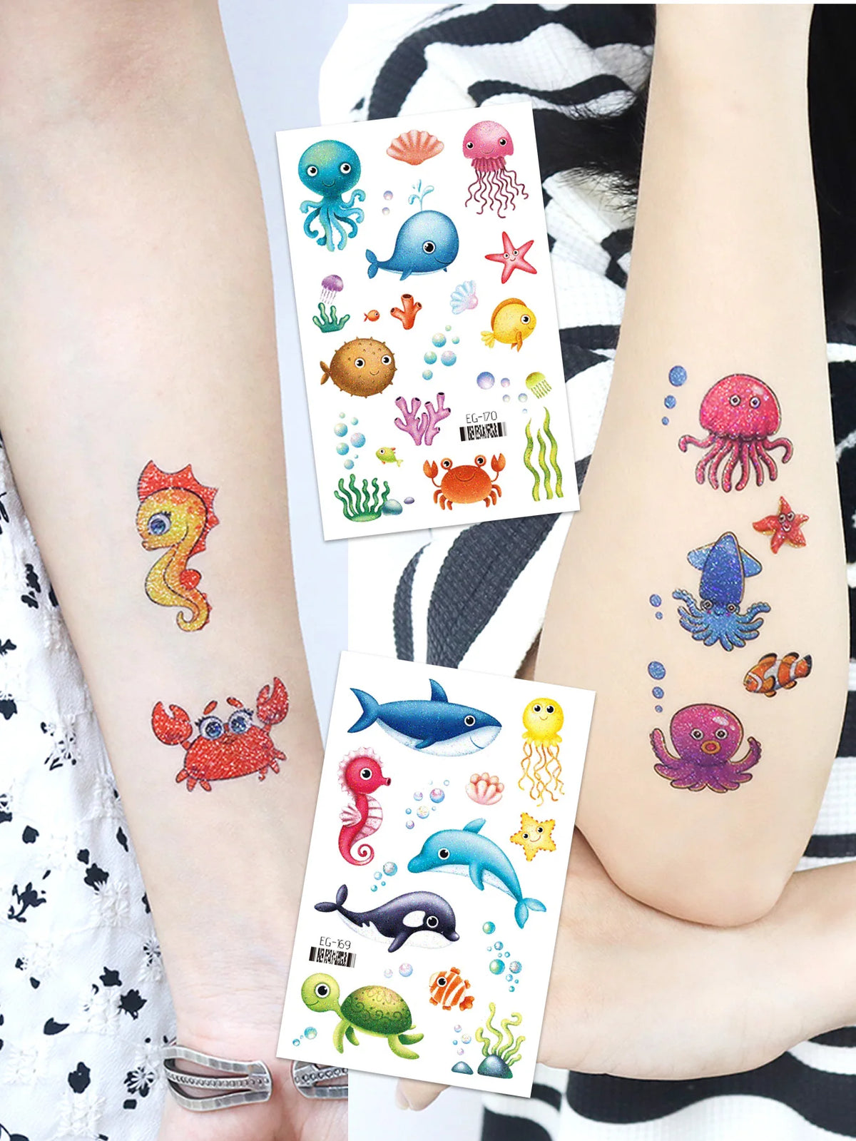 A collection of colorful glitter mermaid and underwater sea creature temporary tattoos on an arm.