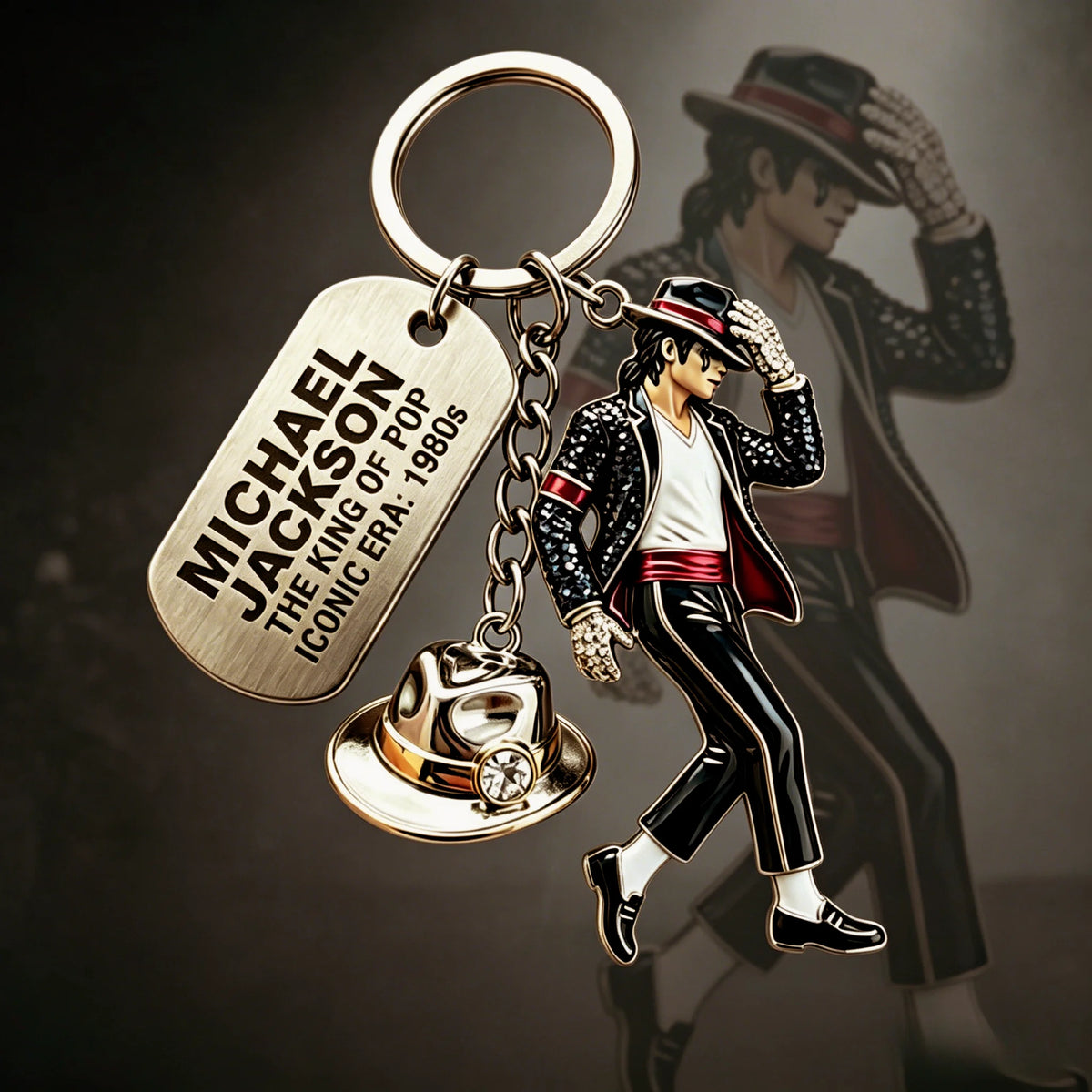 A metallic keychain featuring a figure of Michael Jackson in a dance pose.