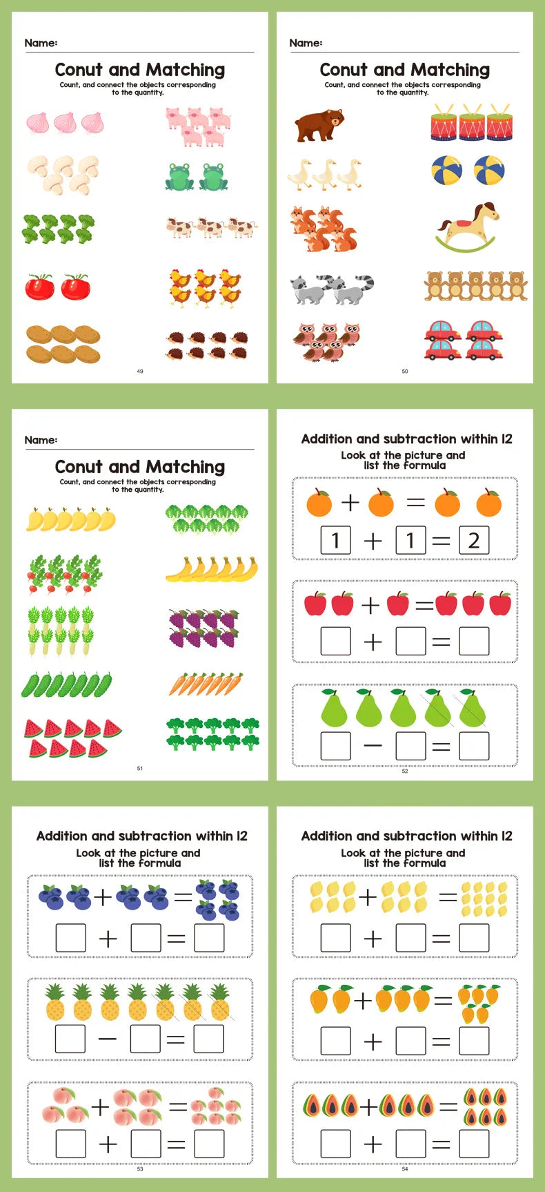 Preschool Math Workbook featuring counting, matching, and addition/subtraction exercises for early learners.