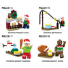 A set of Christmas building blocks featuring scenes like a fireplace, gift lanterns, and presents for a snowman and turkey.