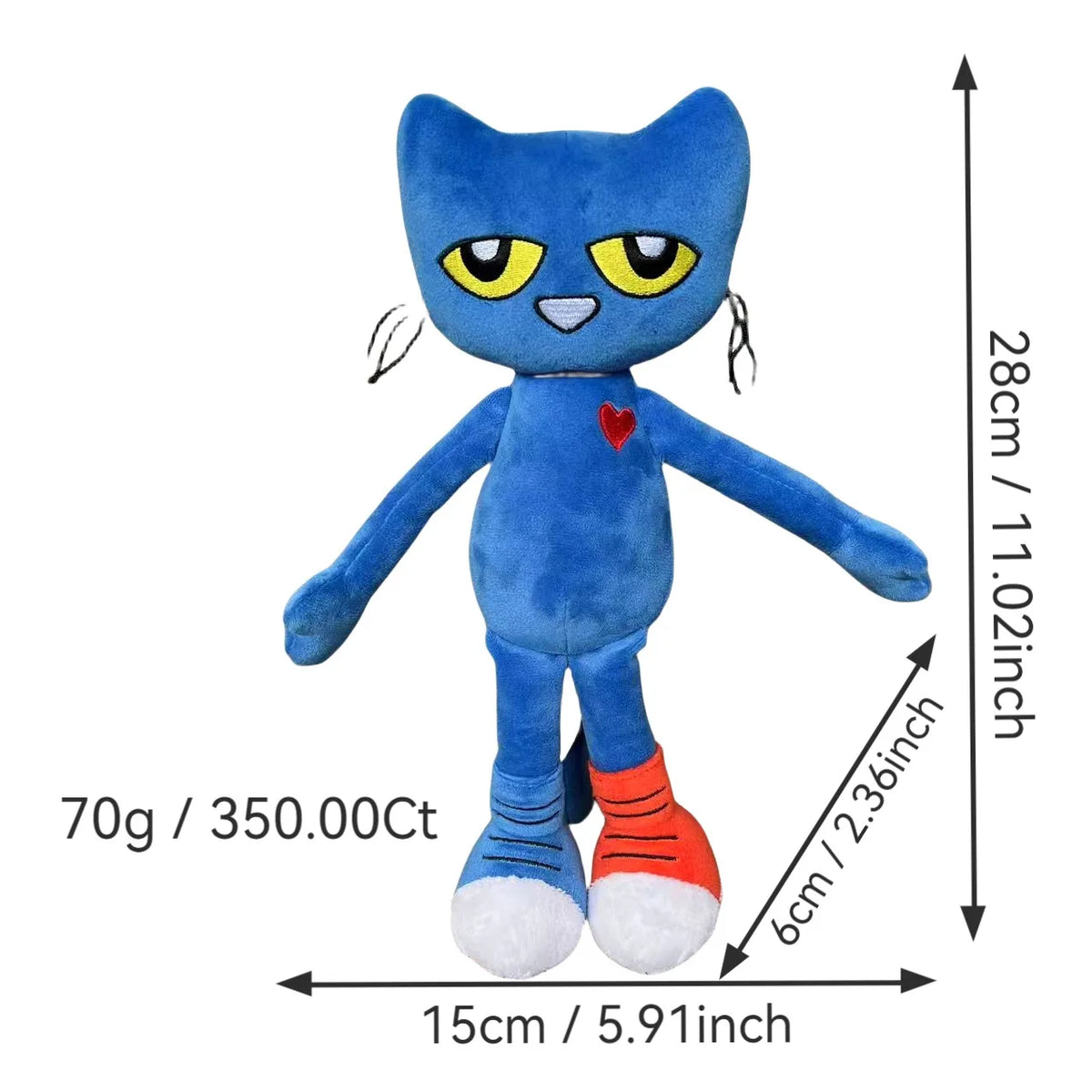 A blue cartoon cat plush toy with yellow eyes and orange feet, shown standing upright.