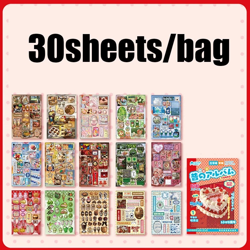 A collection of 30 sheets of Japanese vintage kawaii stickers packaged in a bag for scrapbooking and journaling