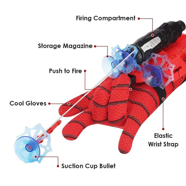 A red superhero spider web shooter kit showing components like a firing compartment, storage magazine, and suction cup bullet