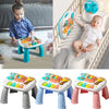A musical baby piano playmat with a light-up keyboard and hanging toys shown in various colors.